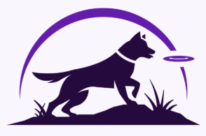 Silhouette of a dog leaping to catch a frisbee against a curved purple backdrop on a small hill